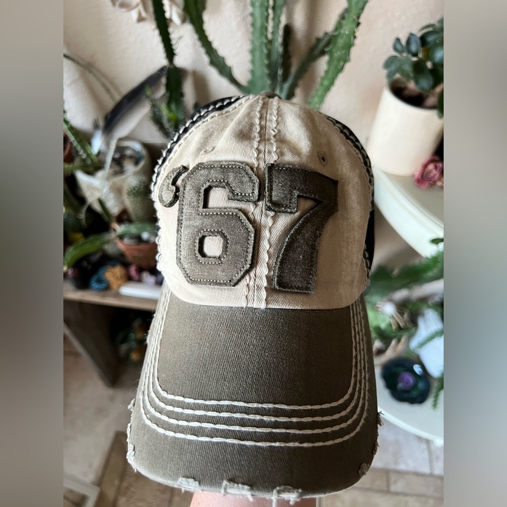 One Size ‘67 Black Gray Distressed Baseball Cap Womens Hat Boho Cotton Accessory